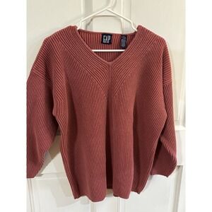 Vintage 90s GAP Ribbed Vneck Chunky Women's Adobe Red Sweater Medium
